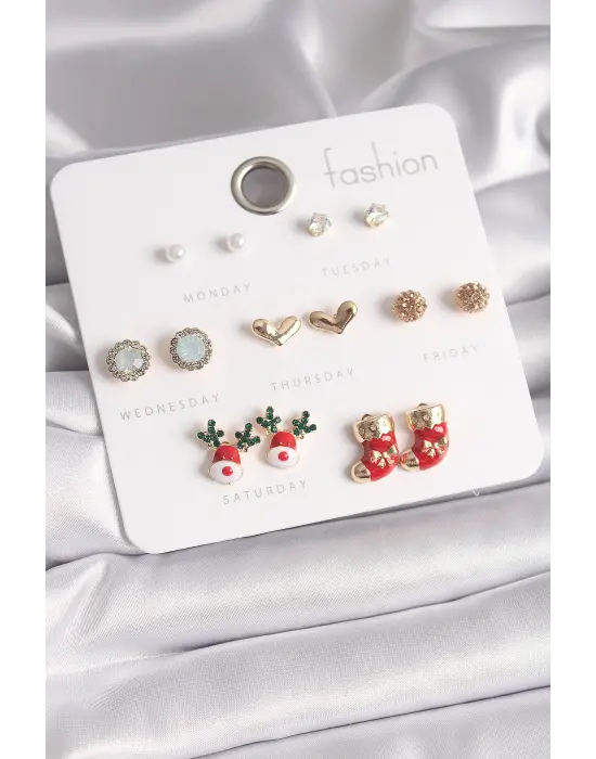  Altın 7 Çift Zirkon Taşlı Yılbaşı Temalı Çelik Küpe Seti