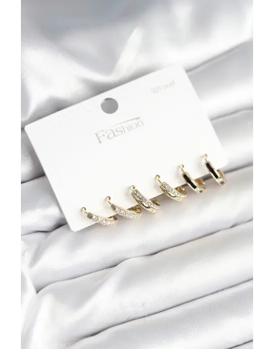 Pirinç Gold Renk 925 Ayar Gümüş Çivi Kadın Küpe Seti