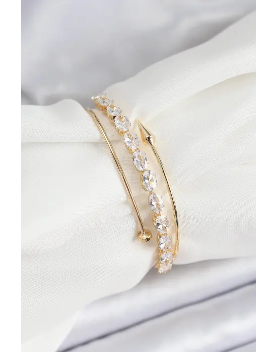 Pirinç Gold Renk Arpa Zirkon Taşlı Kadın Bileklik