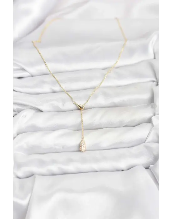 Çelik Gold Renk Asansörlü Damla Model Kadın Kolye