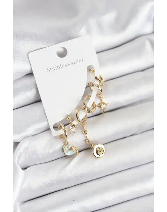 Pirinç Gold Renk Ay Model Kadın Set Küpe