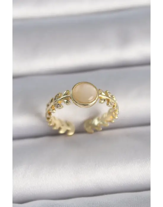  Altın Ayarlanabilir Bej Daire Mineli Yaprak Model Çelik Yüzük