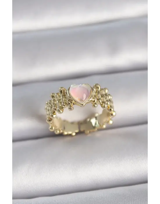  Altın Ayarlanabilir Beyaz Mineli Kalp Model Çelik Yüzük