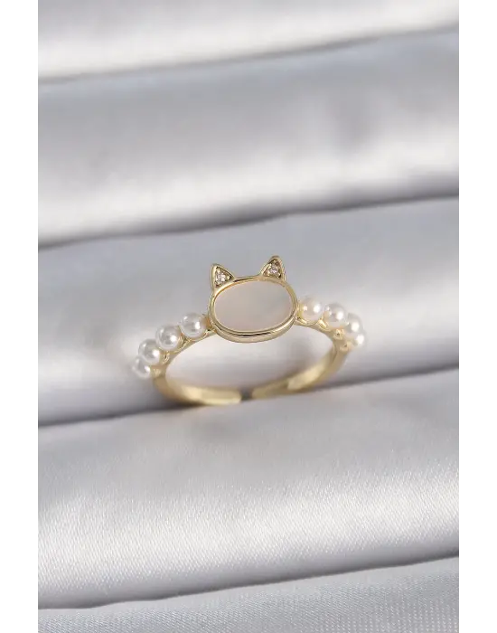  Altın Ayarlanabilir Beyaz Mineli Kedi Model İnci Detay Çelik Yüzük