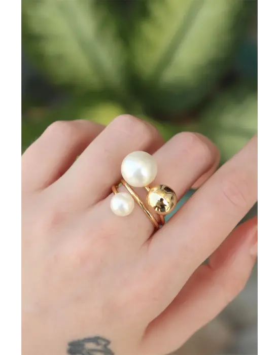  Altın Ayarlanabilir İnci Taşlı Yüzük