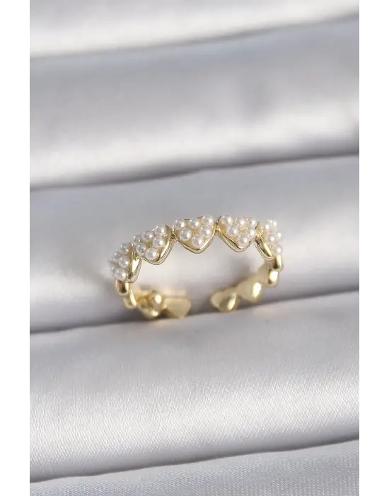  Altın Ayarlanabilir İncili Kalp Model Çelik Yüzük