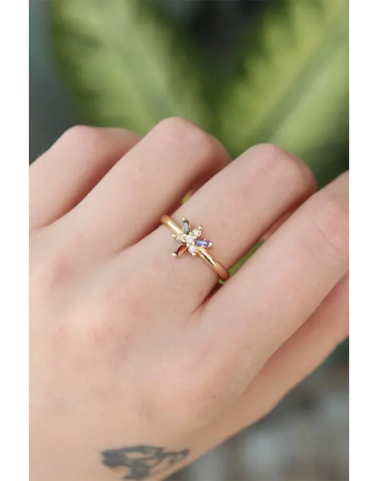  Altın Ayarlanabilir Renkli Zirkon Taşlı Yusufçuk Yüzük