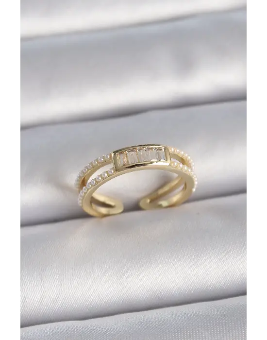  Altın Ayarlanabilir Sıralı İncili Zirkon Taş Detaylı Çelik Yüzük