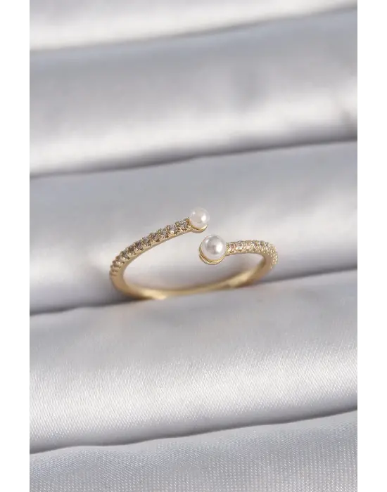  Altın Ayarlanabilir Sıralı Zirkon Taşlı İnci Detay Çelik Yüzük