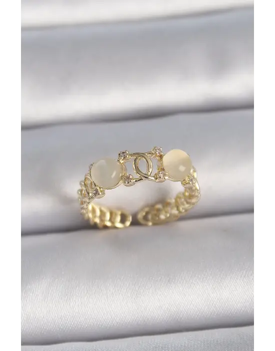  Altın Ayarlanabilir Zirkon Taşlı Beyaz Mineli Birleşik Halka Model Çelik Yüzük