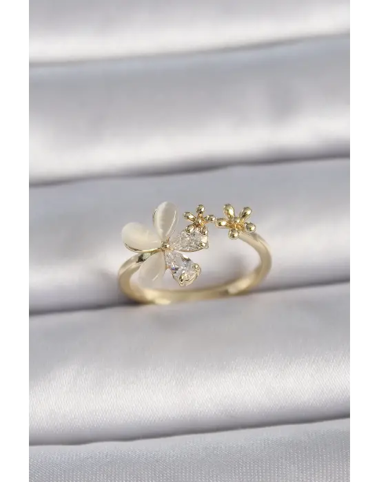  Altın Ayarlanabilir Zirkon Taşlı Beyaz Mineli Çiçek Model Çelik Yüzük