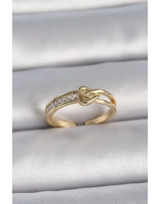  Altın Ayarlanabilir Zirkon Taşlı Düğüm Kalp Model Çelik Yüzük