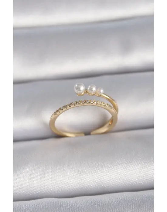  Altın Ayarlanabilir Zirkon Taşlı İncili Model Çelik Yüzük