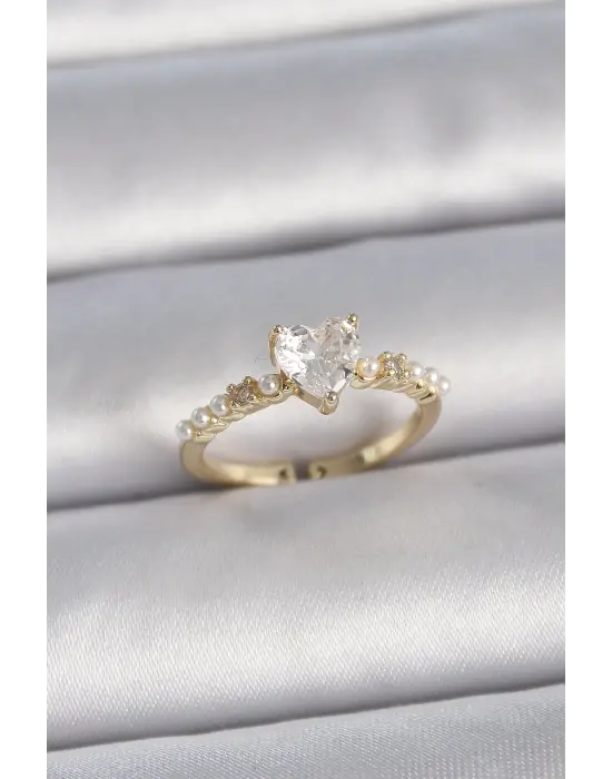  Altın Ayarlanabilir Zirkon Taşlı Kalp İnci Detay Çelik Yüzük