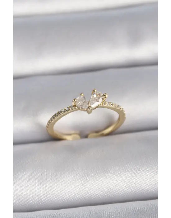  Altın Ayarlanabilir Zirkon Taşlı Kalp Model Çelik Yüzük