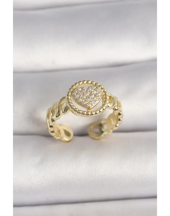  Altın Ayarlanabilir Zirkon Taşlı Kalp Model Çelik Yüzük