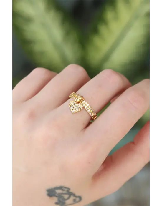  Altın Ayarlanabilir Zirkon Taşlı Sallantılı Kalp Yüzük