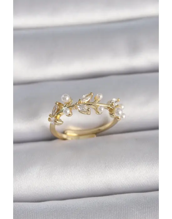  Altın Ayarlanabilir Zirkon Taşlı Yaprak Model Çelik Yüzük