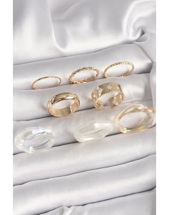 Pirinç Gold Renk Beyaz Akrilik Plastik Modek Kutup Yıldız İşleme Detay Kadın Yüzük Kombini