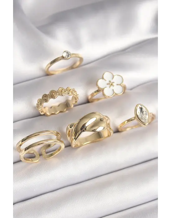  Altın Beyaz Çiçek Figür Zirkon Taşlı Kadın 6Lı Çelik Yüzük Seti