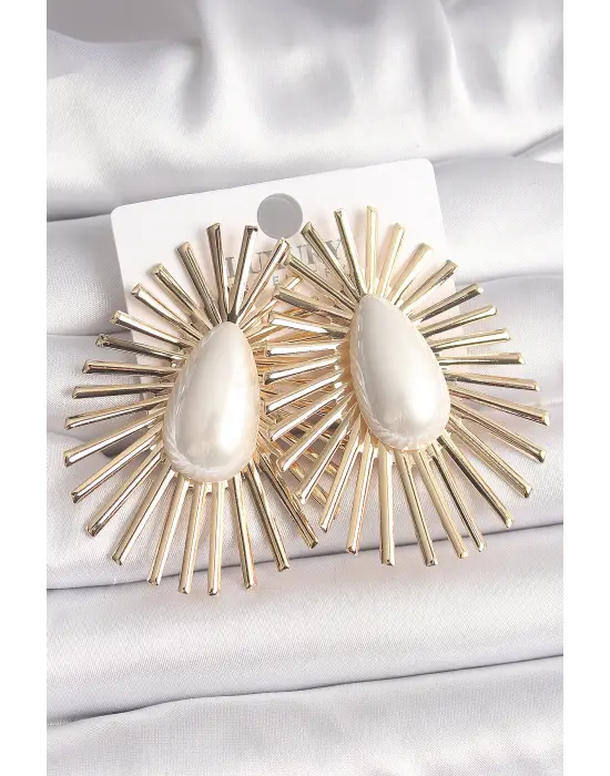  Altın Beyaz Damla İncili Kemik Model Çelik Küpe