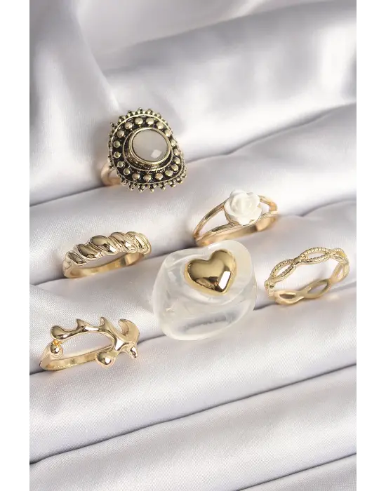  Altın Beyaz Gül Figür Kalp İşlemeli Sarmal Detay 6Lı Çelik Yüzük Seti