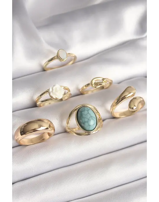  Altın Beyaz Gül Figürlü Düğüm Detay 6Lı Çelik Yüzük Seti