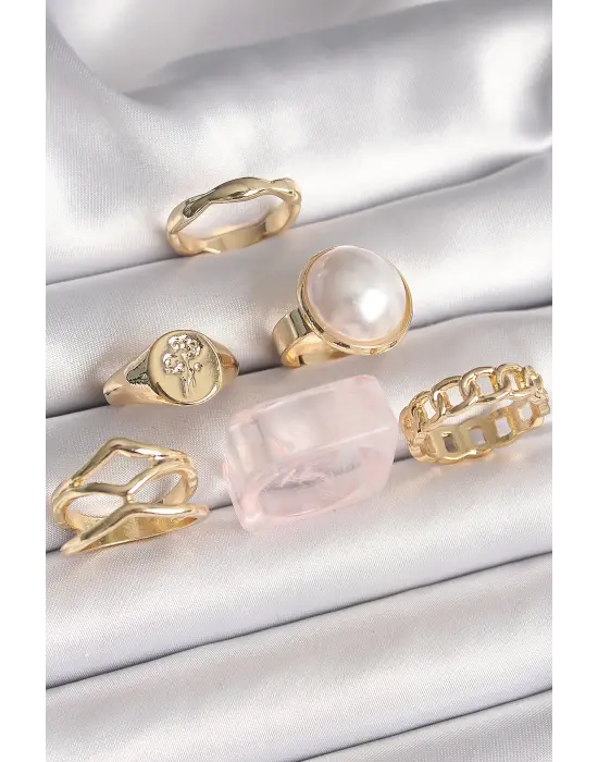  Altın Beyaz İncili Zincir Yüzük Figür İşleme Detay 6Lı Çelik Yüzük Seti