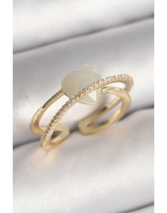  Altın Beyaz Kristal Kalp Model Zirkon Taş Detay Çelik Yüzük