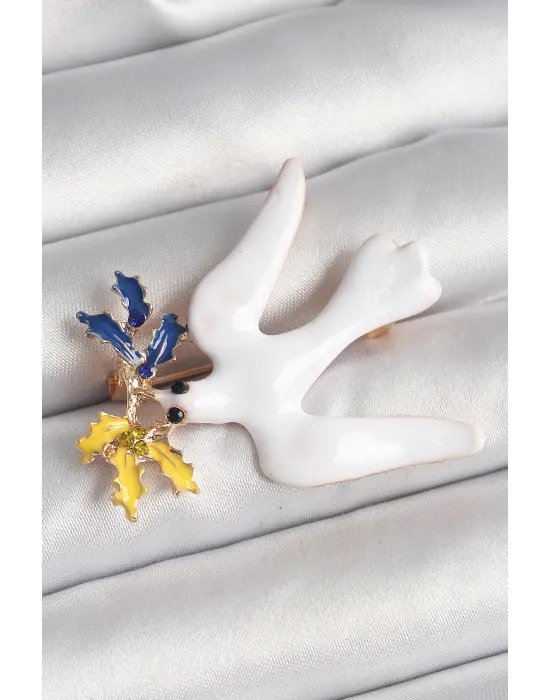 Çelik Gold Renk Beyaz Kuş Model Zirkon Taşlı Sarı Lacivert Yaprak Detay Kadın Broş