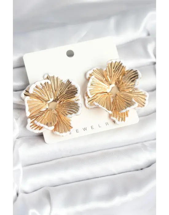 Çelik Gold Renk Beyaz Mine Detaylı Lotus Kadın Küpe