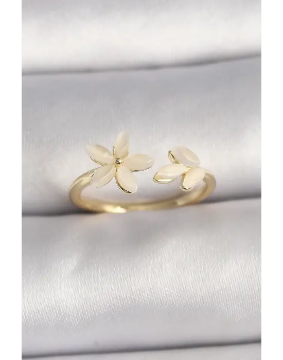  Altın Beyaz Mineli Çiçek Model Ayarlanabilir Yüzük