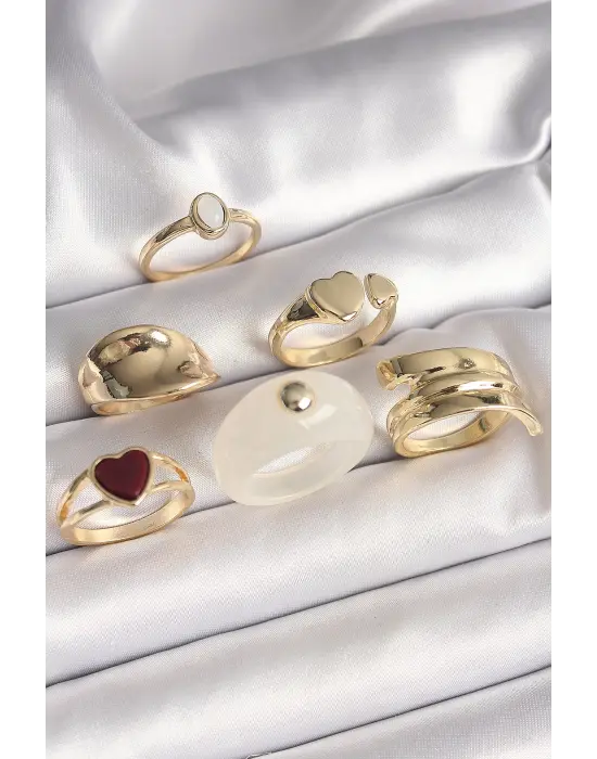  Altın Beyaz Mineli Detay Kahverengi Kalp Figür 6Lı Çelik Yüzük Seti