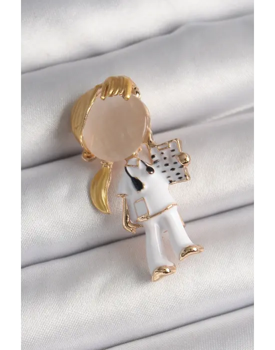 Çelik Gold Renk Beyaz Mineli Doktor Model Kadın Broş