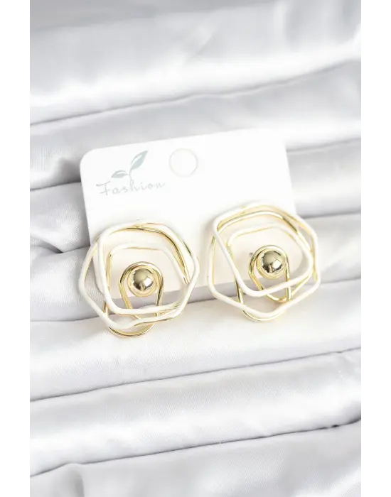 Çelik Gold Renk Beyaz Mineli Geometrik Gül Model Kadın Küpe