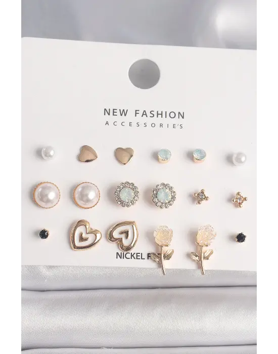  Altın Beyaz Mineli Gül Figür Zirkon Taşlı İnci Detaylı 9 Çift Çelik Küpe Seti