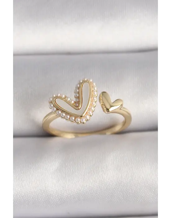  Altın Beyaz Mineli İnci Detay Kalp Model Ayaranabilir Yüzük