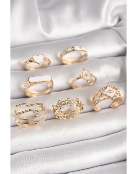 Pirinç Gold Renk Beyaz Mineli Kalp Zirkon Taşlı Çiçek Detay Kadın Yüzük Kombini
