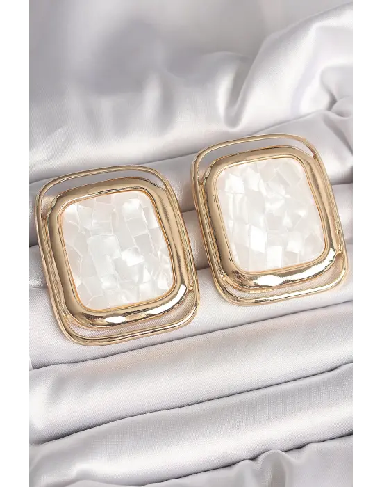 Pirinç Gold Renk Beyaz Mineli Kare Model Kadın Küpe