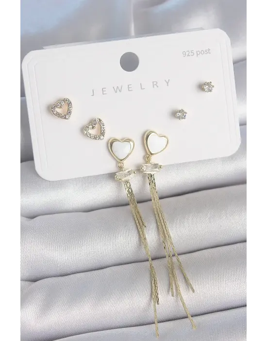 Pirinç Gold Renk Beyaz Mineli Sallantı Mineli Kalp Model Zirkon Taş Detaylı 925 Ayar Gümüş Çivi Kadın Küpe Seti