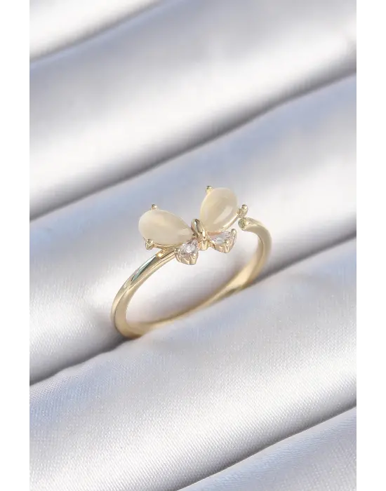  Altın Beyaz Mineli Zirkon Taşlı Kelebek Model Çelik Yüzük