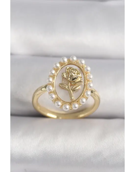  Altın Beyaz Sedefli Gül Porte Model İnci Detay Çelik Yüzük
