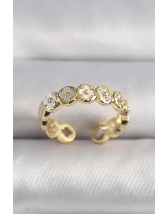  Altın Beyaz Sedefli Yonca Model Çelik Yüzük