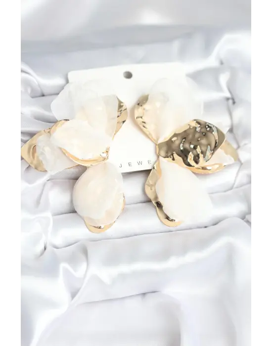 Çelik Gold Renk Beyaz Tüllü Lotus Kadın Küpe