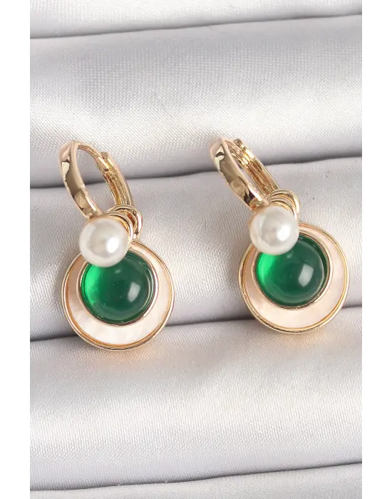 Pirinç Gold Renk Beyaz Yeşil Sallantı Mineli Kadın Küpe