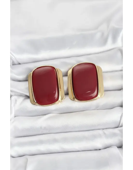 Pirinç Gold Renk Bordo Plaka Vintage Kadın Küpe