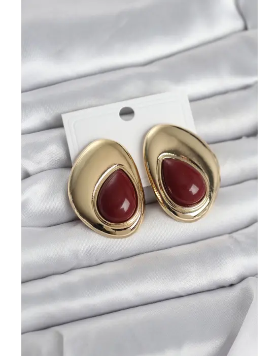 Pirinç Gold Renk Bordo Taşlı Damla Model Vintage Kadın Küpe