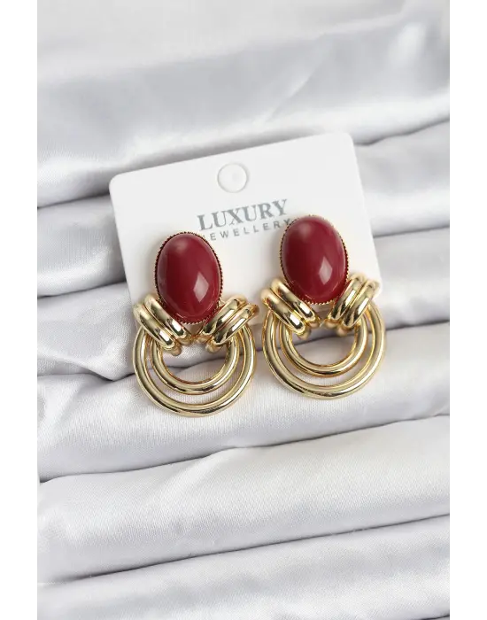 Çelik Gold Renk Bordo Taşlı Vintage Kadın Küpe