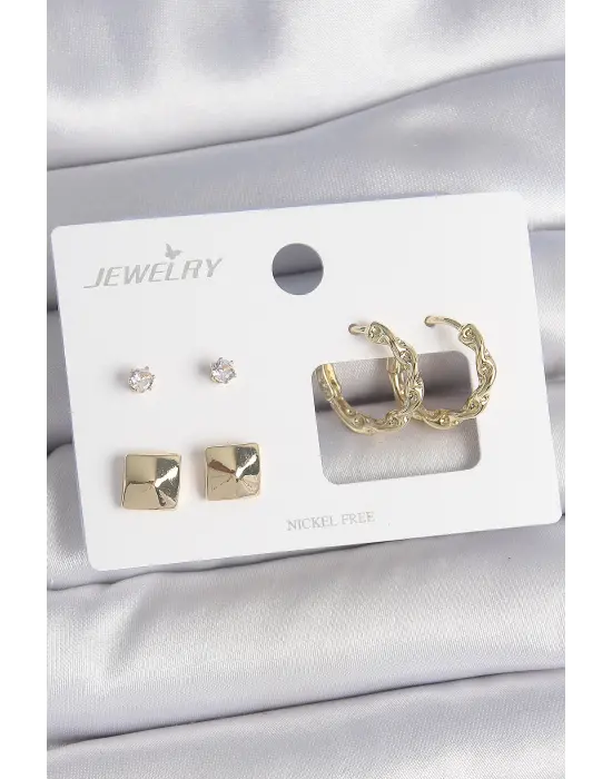 Pirinç Gold Renk Burgu Halka Model Zirkon Taşlı Kare Detay 3 Çift Kadın Küpe Seti