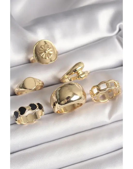  Altın Çiçek İşlemeli Siyah Kalpli Model 6Lı Çelik Yüzük Seti